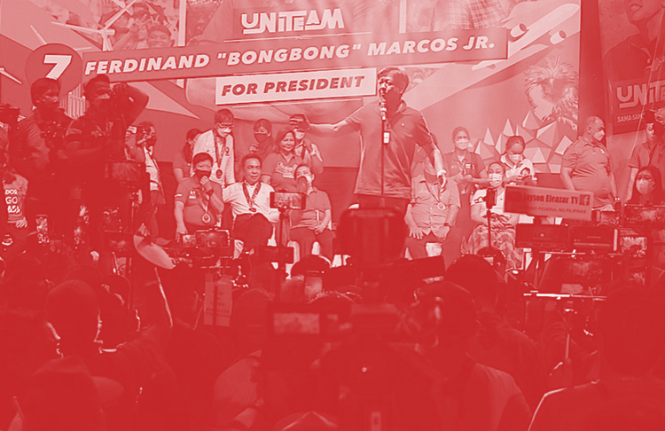 Filipino soon-to-be president Bong Bong Marcos standing on a stage at Uniteam rally at Riverbanks, Marikina, in March 2022