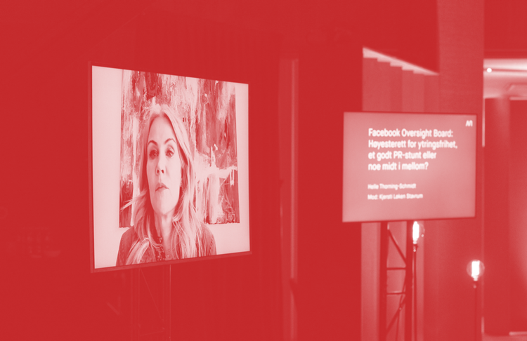 A video call featuring Oversight Board member Helle Thorning-Schmidt presenting at a 2021 conference
