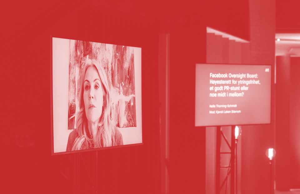 A video call featuring Oversight Board member Helle Thorning-Schmidt presenting at a 2021 conference